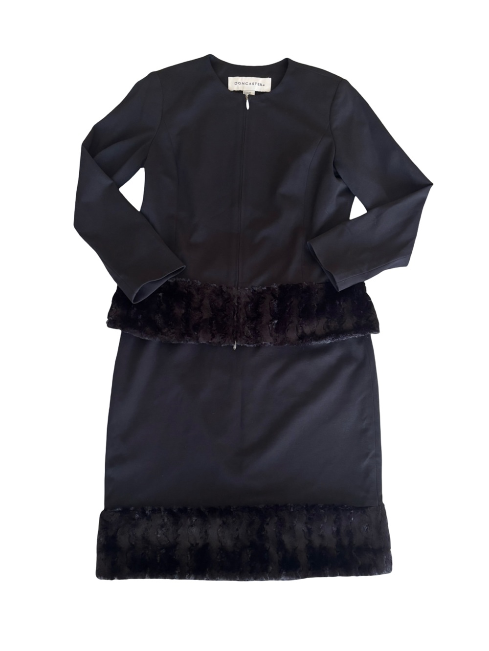 Doncaster Black Faux Fur Trimmed Blazer & Skirt Suit Set Size 10 Glam Chic